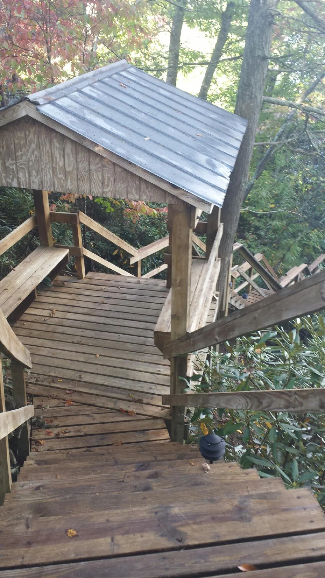 Metal roofed shelter over wooden steps on a wooded walkway — Skylight Repair & Installation work by our crew in Eagle Bend